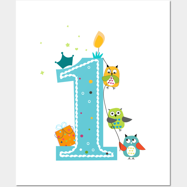 Happy first birthday with owls baby boy Wall Art by GULSENGUNEL